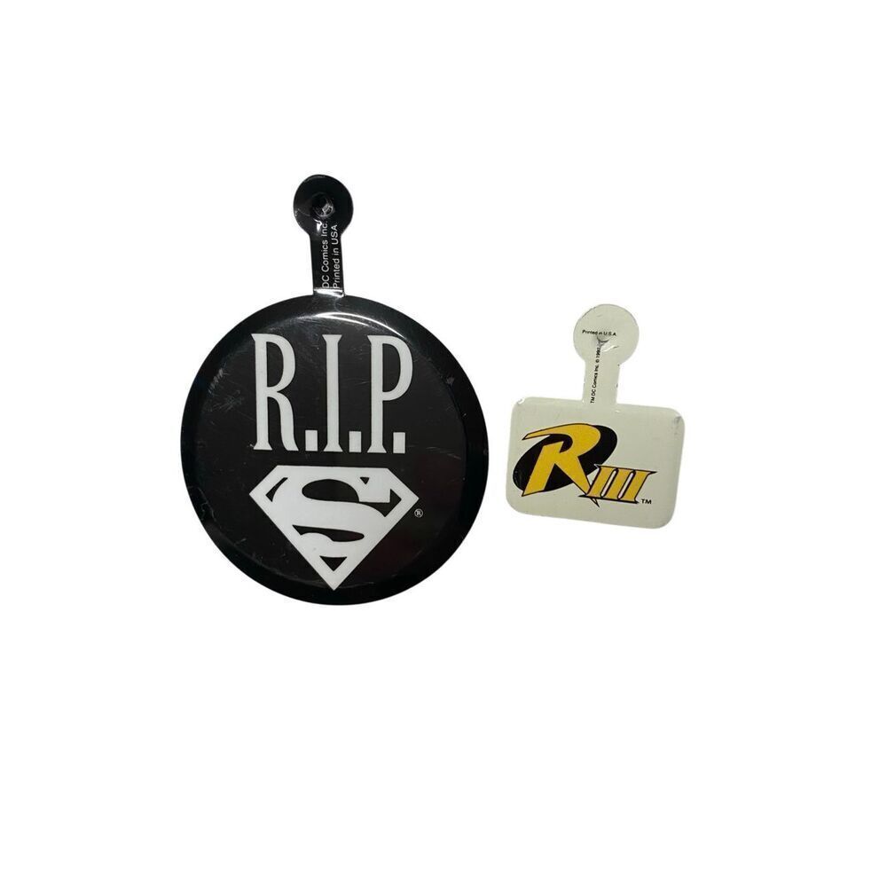 DC Comics Superman RIP Metal Badge Robin RIII Display Tag Vintage 1990s Lot of 2